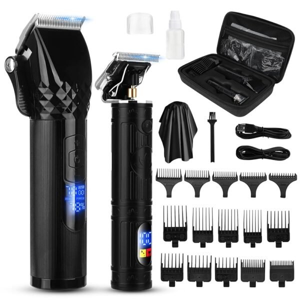 Soonsell 2-in-1 Cordless Hair Clipper and Trimmer Set, 15 Combs (1-25mm), LED Power Display, USB Fast Charge, Storage Case, Ultra-Quiet for Men, Women, Kids