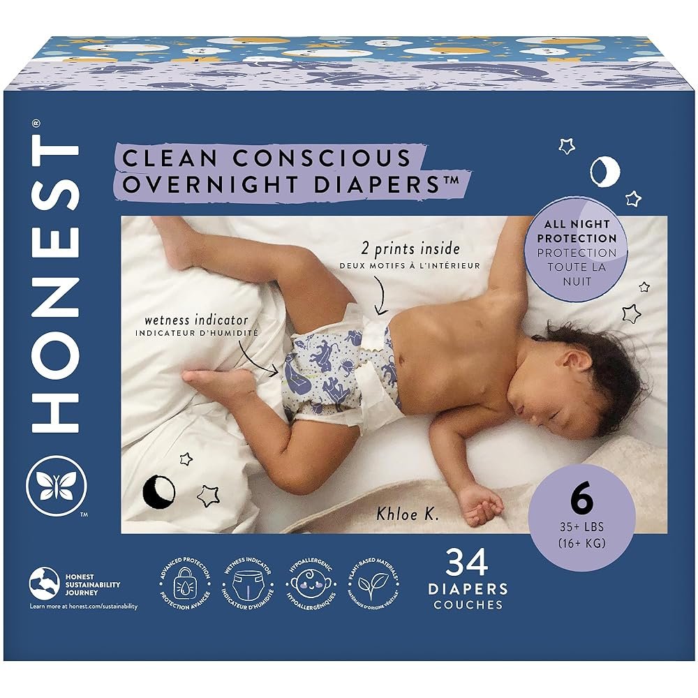 The Honest Company Clean Conscious Overnight Diapers for Sensitive Skin | Hypoallergenic, Fragrance Free | Cozy Cloud + Star Signs | Club Box, Size 6 (35+ lbs), 34 Count
